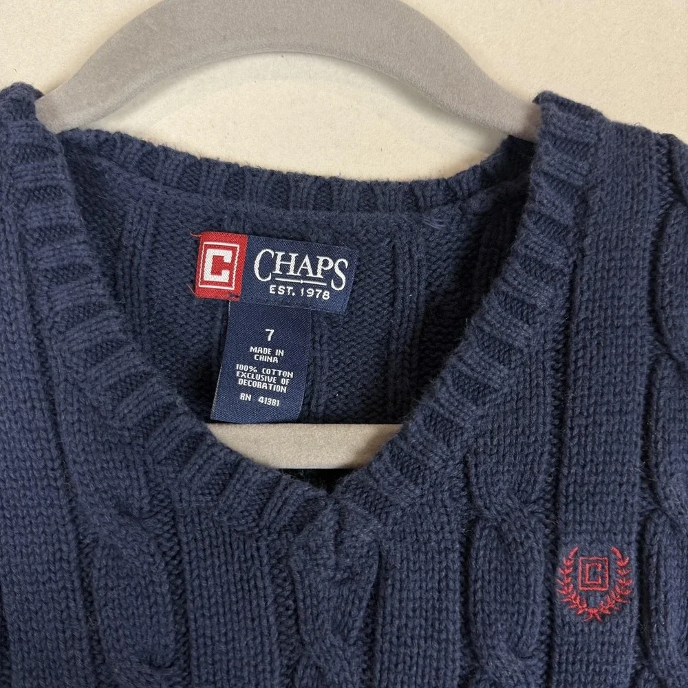 Chaps Sweater Vest Boys 7 Blue Cable Knit V Neck Cotton Preppy School Layering